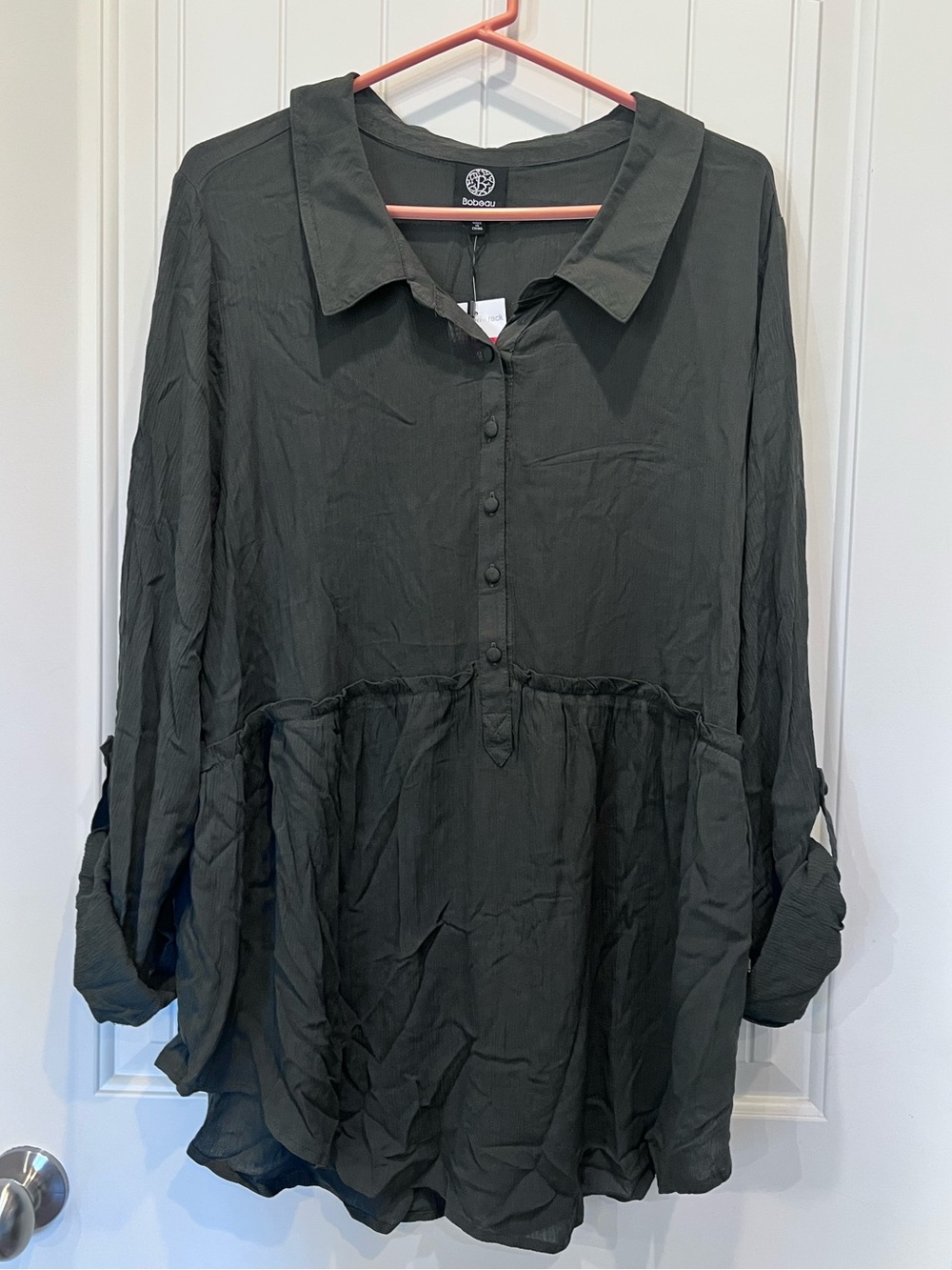 NWT Bobeau Dark Olive Qtr Button Babydoll Tunic Top Roll up sleeve tab Sz 1X